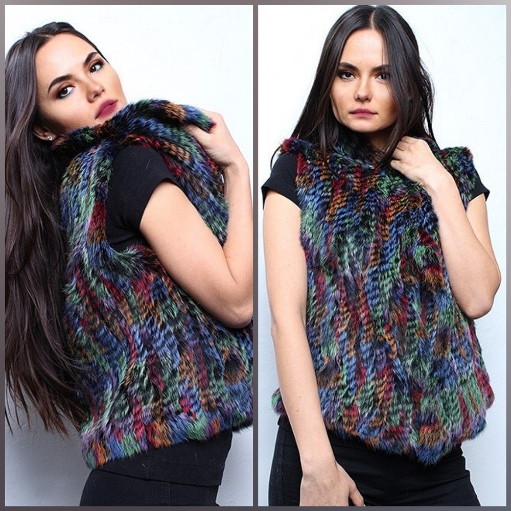 Multi Colored Knit Rabbit Fur Vest